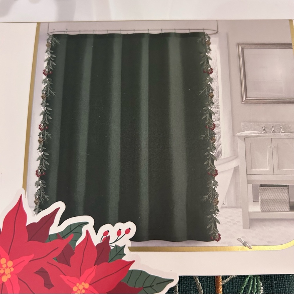 Envogue Christmas Boutique Shower Curtain Green with Red Festive Trim